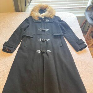 Marvin Richards Full Length Wool Duffle Coat Fur Trim Hood Toggle Maxi Winter Co